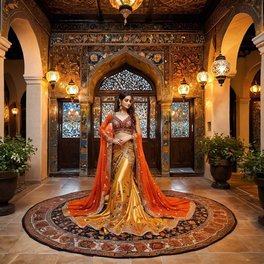 A beautiful Persian courtyard adorned with rich tapestries and intricate mosaics, showcasing a graceful dancer in a flowing, vibrant gown embodying sensuality and elegance. Surround her with lush jasmine flowers and sparkling lanterns casting soft light, while hints of traditional Persian architecture frame the scene. The atmosphere is inviting and enchanting, perfect for a courtship setting. super-realistic. vibrant colors. romantic ambiance.