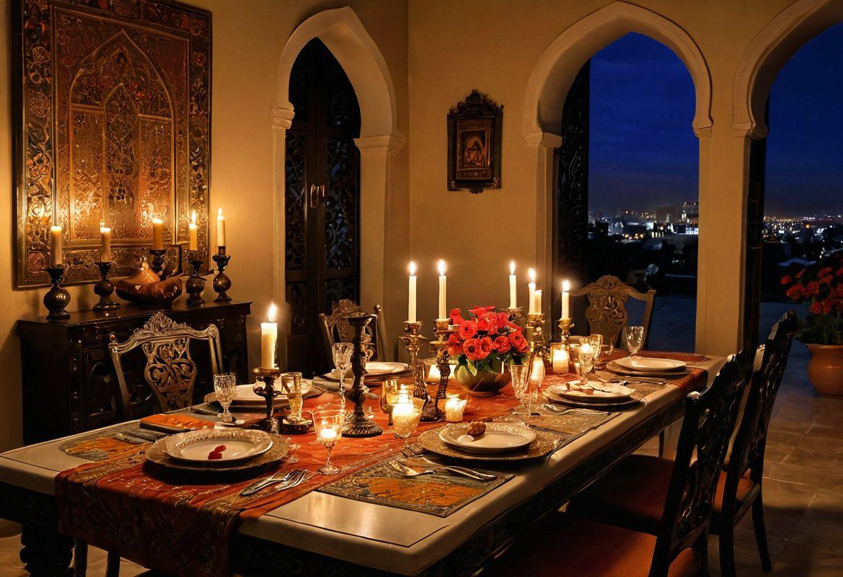 A beautifully set Persian dining table adorned with ornate tableware, rich textiles, and fragrant flowers, depicting an intimate romantic dinner. Soft candle light flickers, casting warm shadows, while the backdrop features intricate Persian architecture and delicate artworks. The scene exudes sophistication and elegance, inviting viewers into a world of romance. vibrant colors. super-realistic. warm lighting.